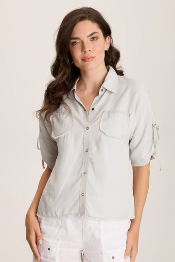 Vinton Twill Jersey Button-Up Collared Top