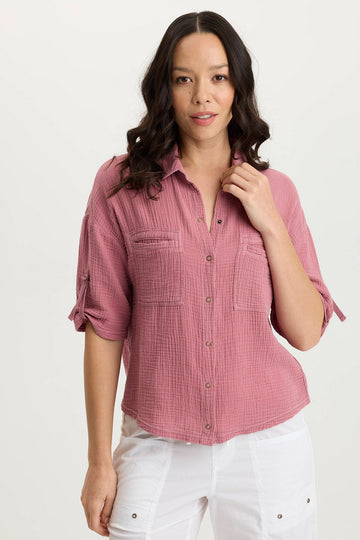 Maurise Gauze/Jersey Tabbed-Sleeve Snap-Up Top