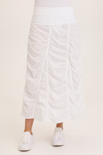 Linen Shirred Asymmetric Midi Skirt