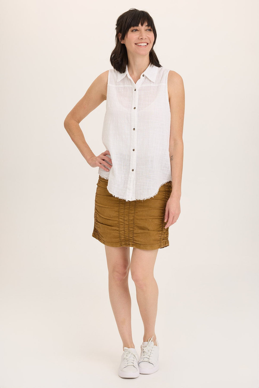 Trace Allover Ruched Pull-On Mini Skirt