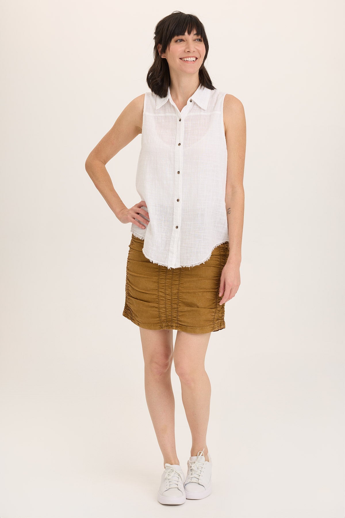 Trace Allover Ruched Pull-On Mini Skirt
