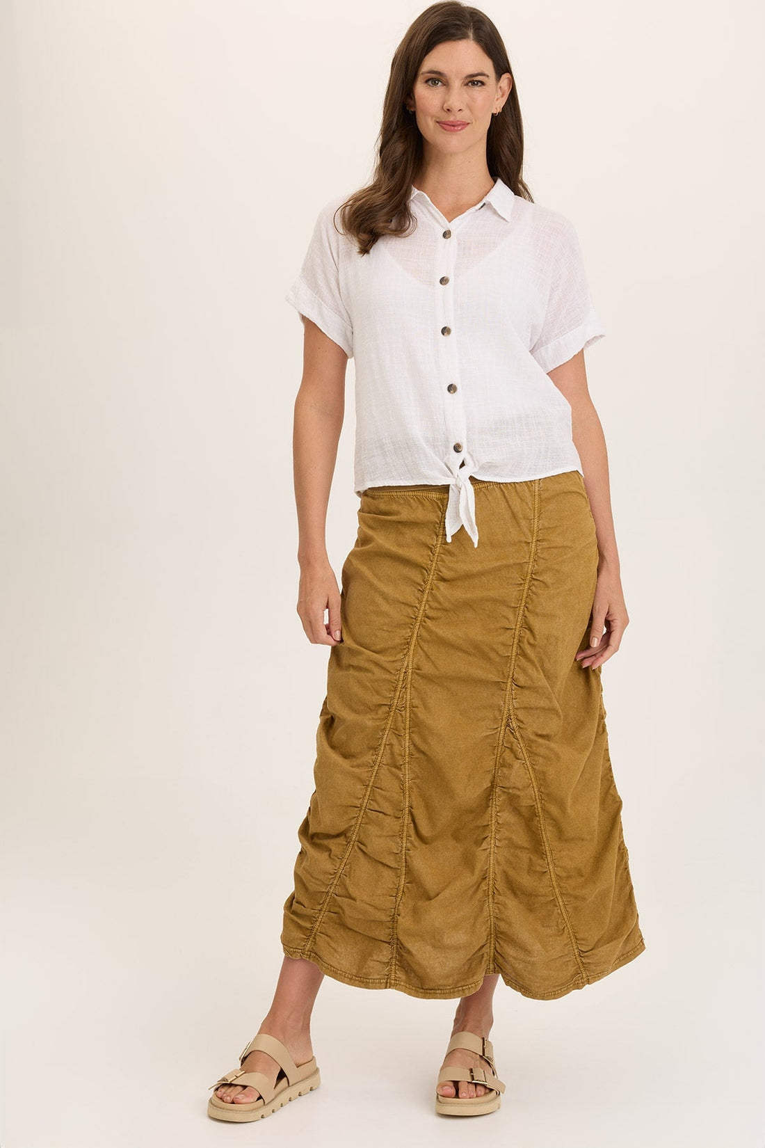 Linen Shirred Asymmetric Midi Skirt