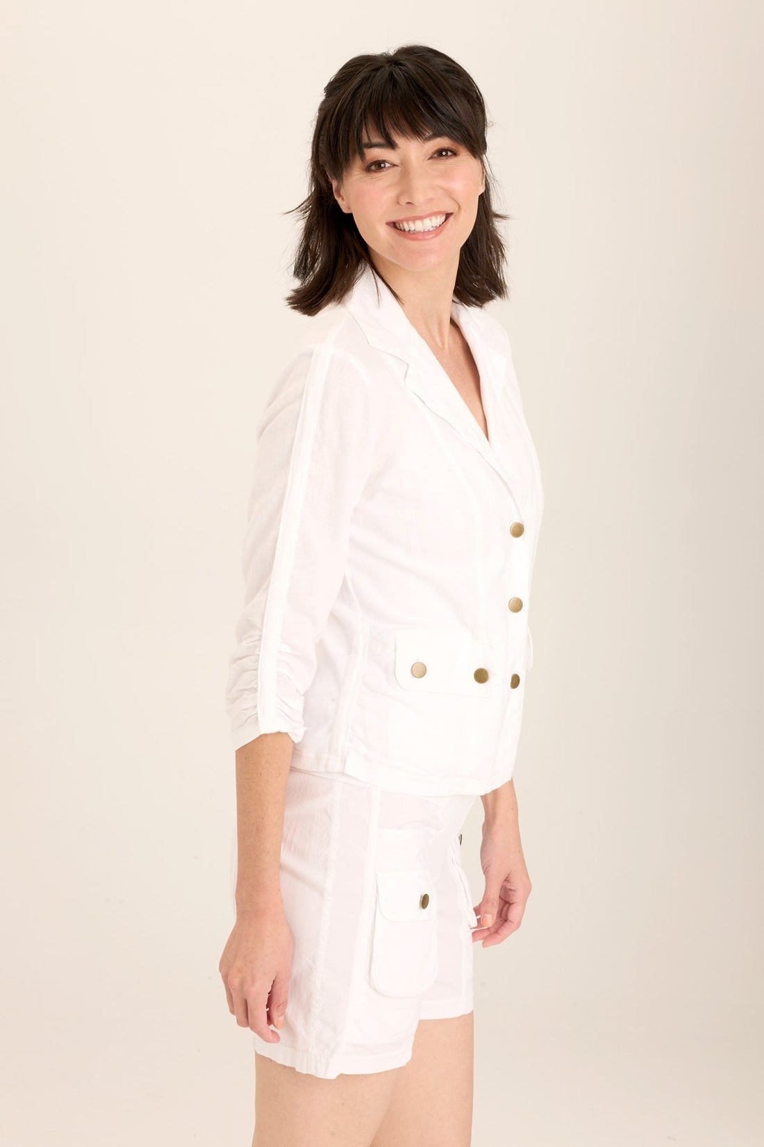 Folksy Linen/Stretch 4-Pocket Shirred Blazer