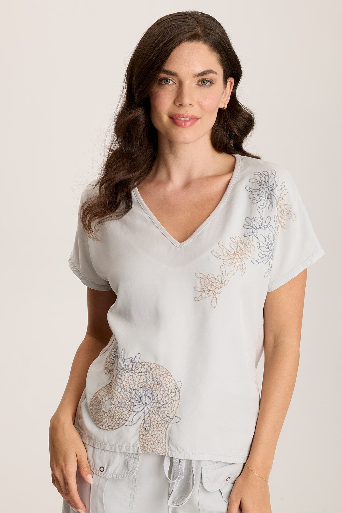 Jolina Twill V-Neck Embroidered Tee