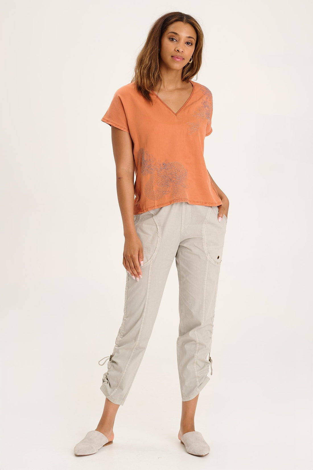 Jolina Twill V-Neck Embroidered Tee