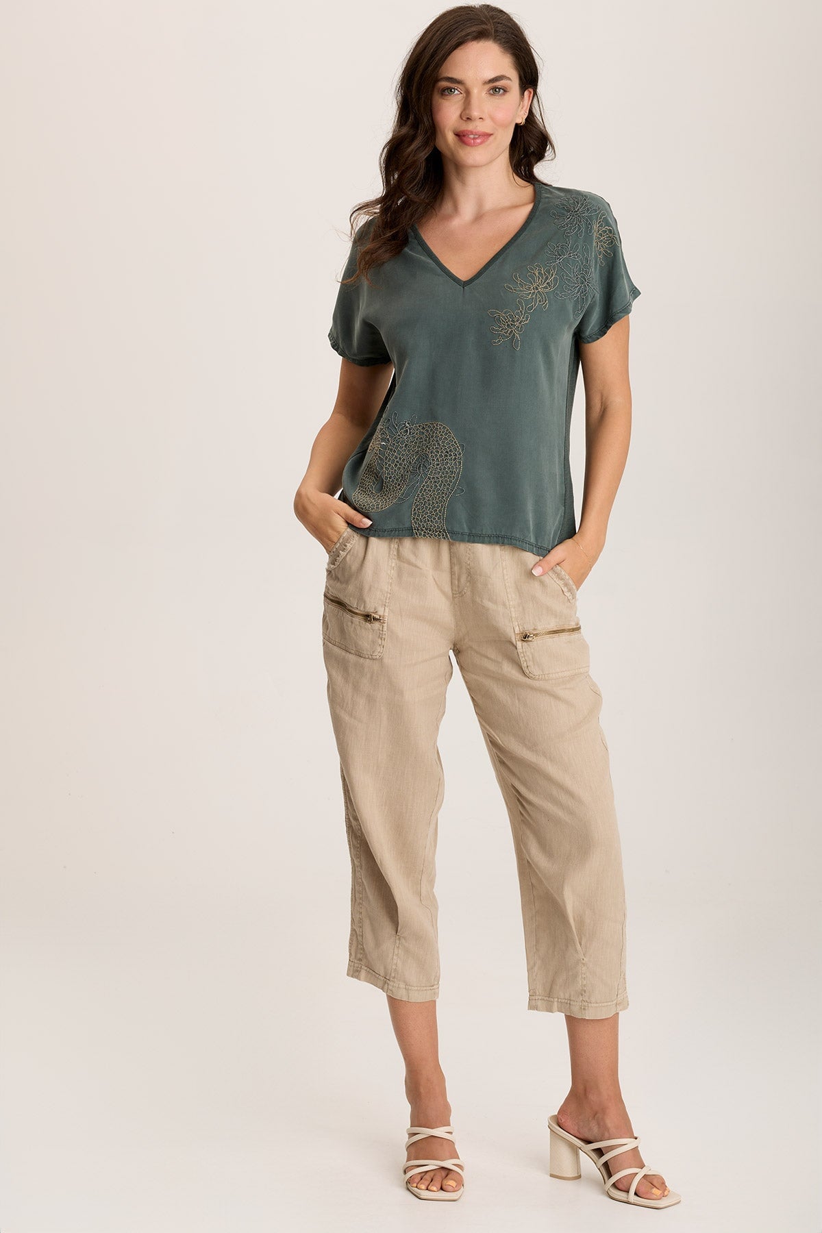 Jolina Twill V-Neck Embroidered Tee