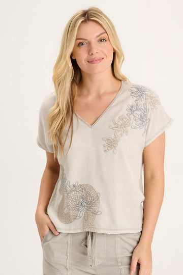 Jolina Twill V-Neck Embroidered Tee
