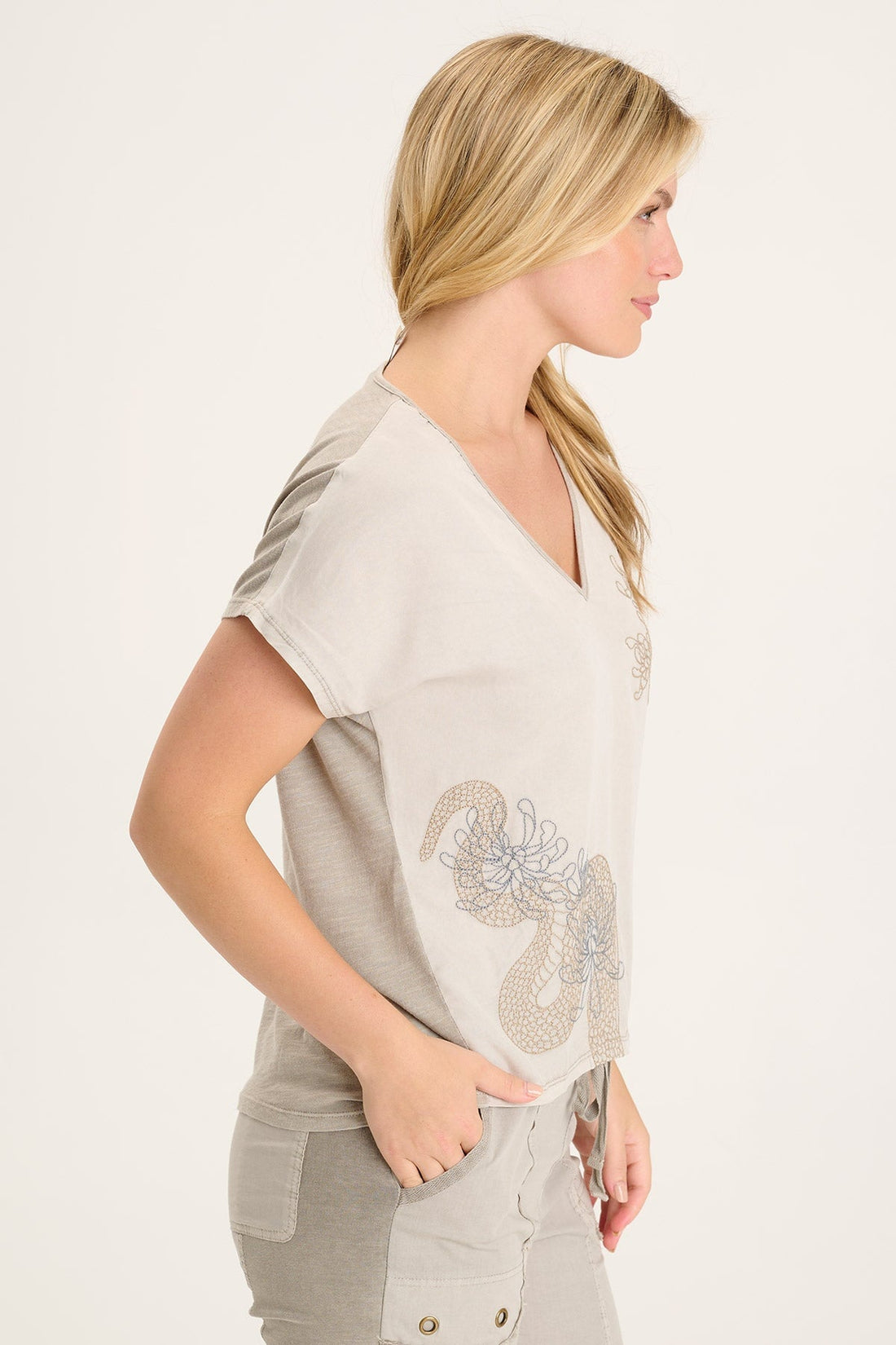 Jolina Twill V-Neck Embroidered Tee