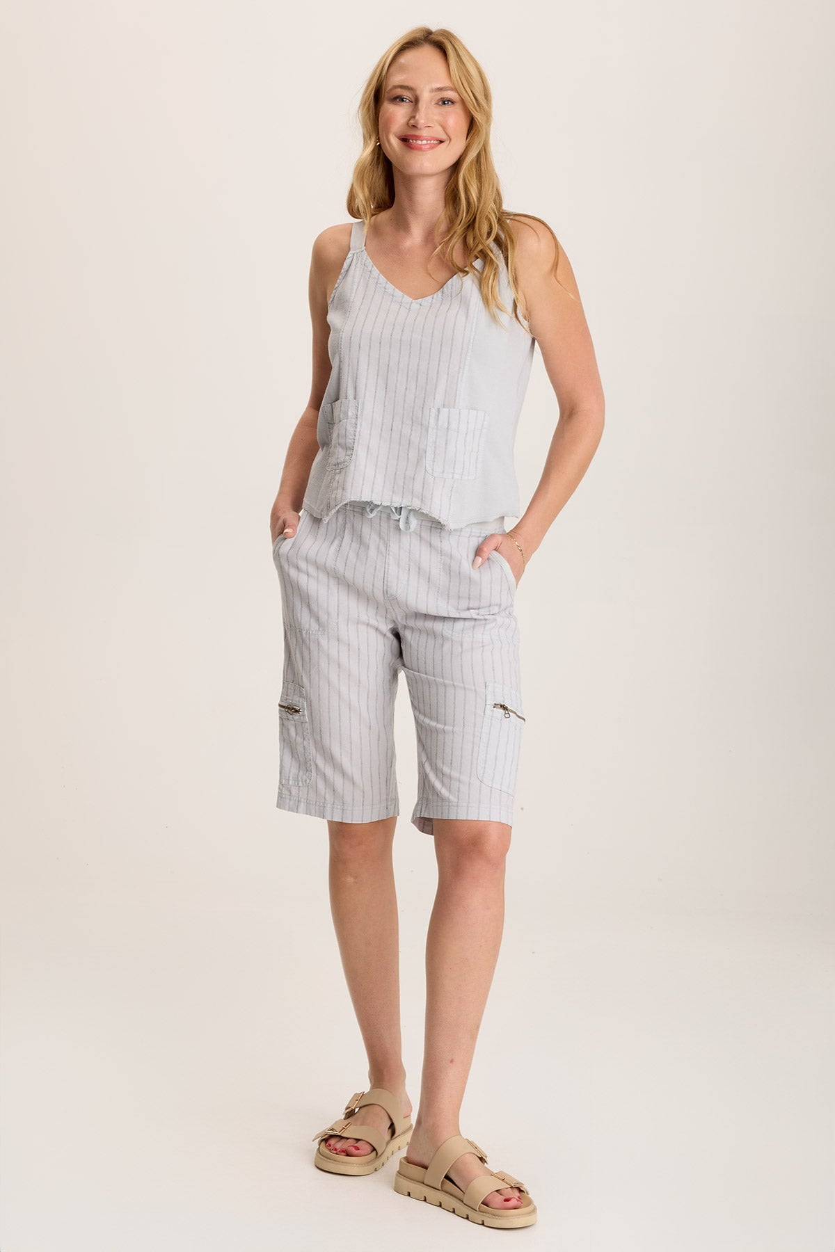 Favian Bermuda Linen Pinstripe Shorts with Cargo Pockets