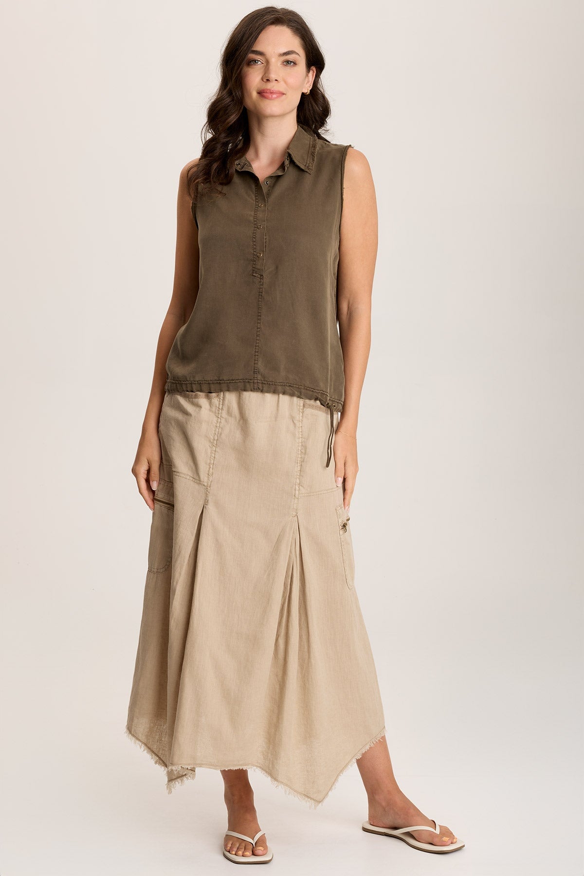 Rein Sleeveless Polo with Snap Front & Cinched Hem