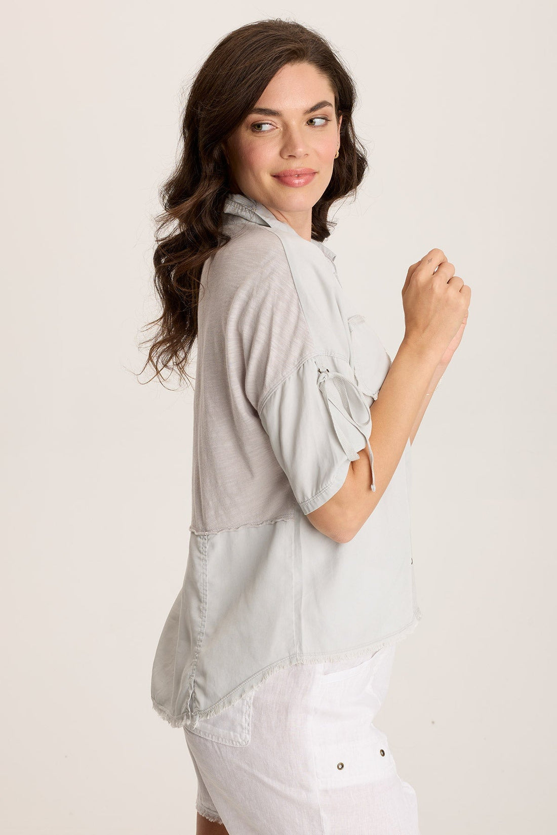 Vinton Twill Jersey Button-Up Collared Top
