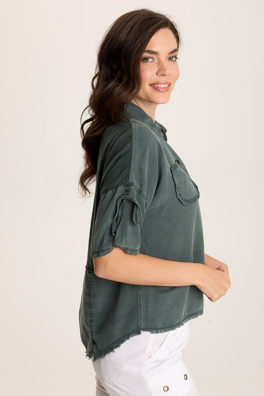 Vinton Twill Jersey Button-Up Collared Top