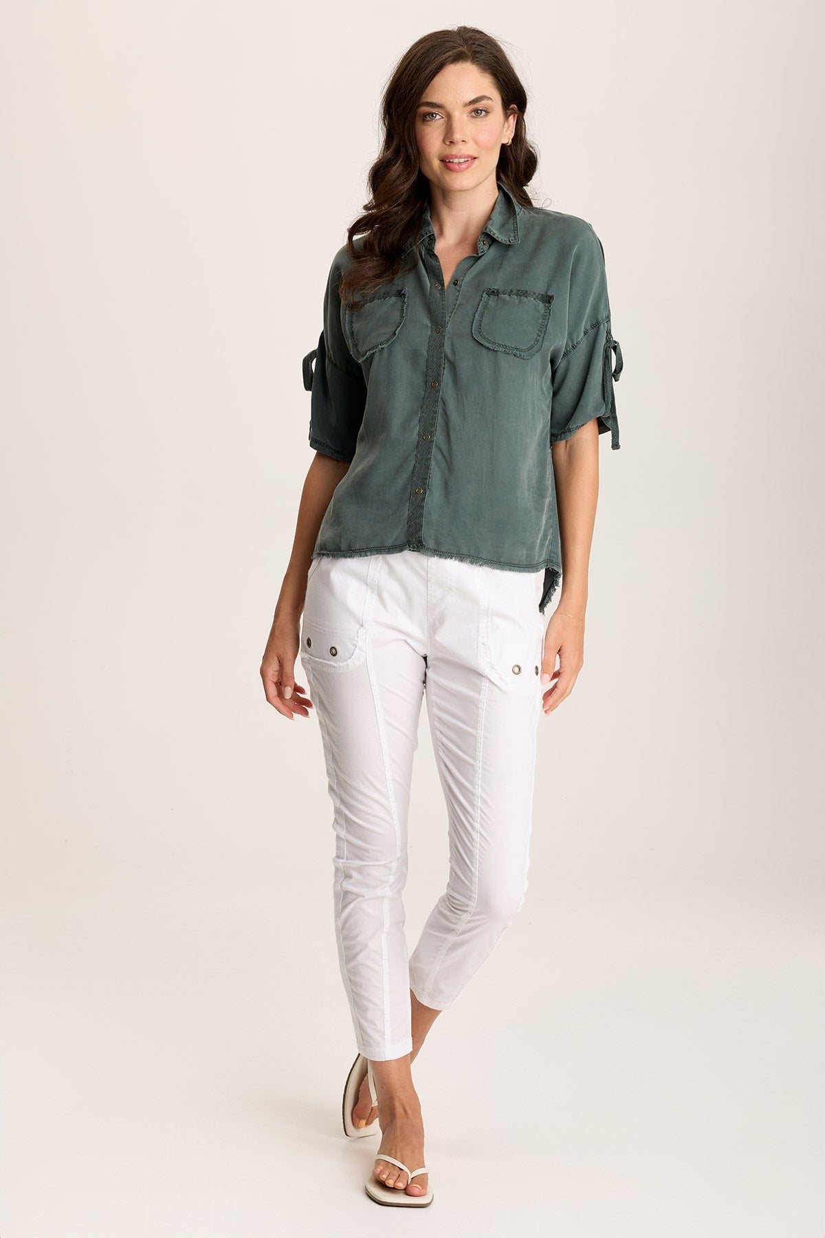 Vinton Twill Jersey Button-Up Collared Top