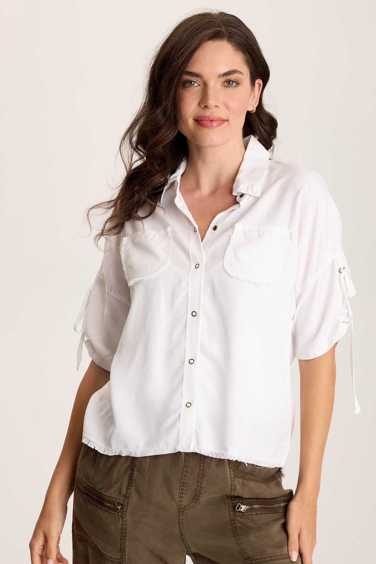 Vinton Twill Jersey Button-Up Collared Top