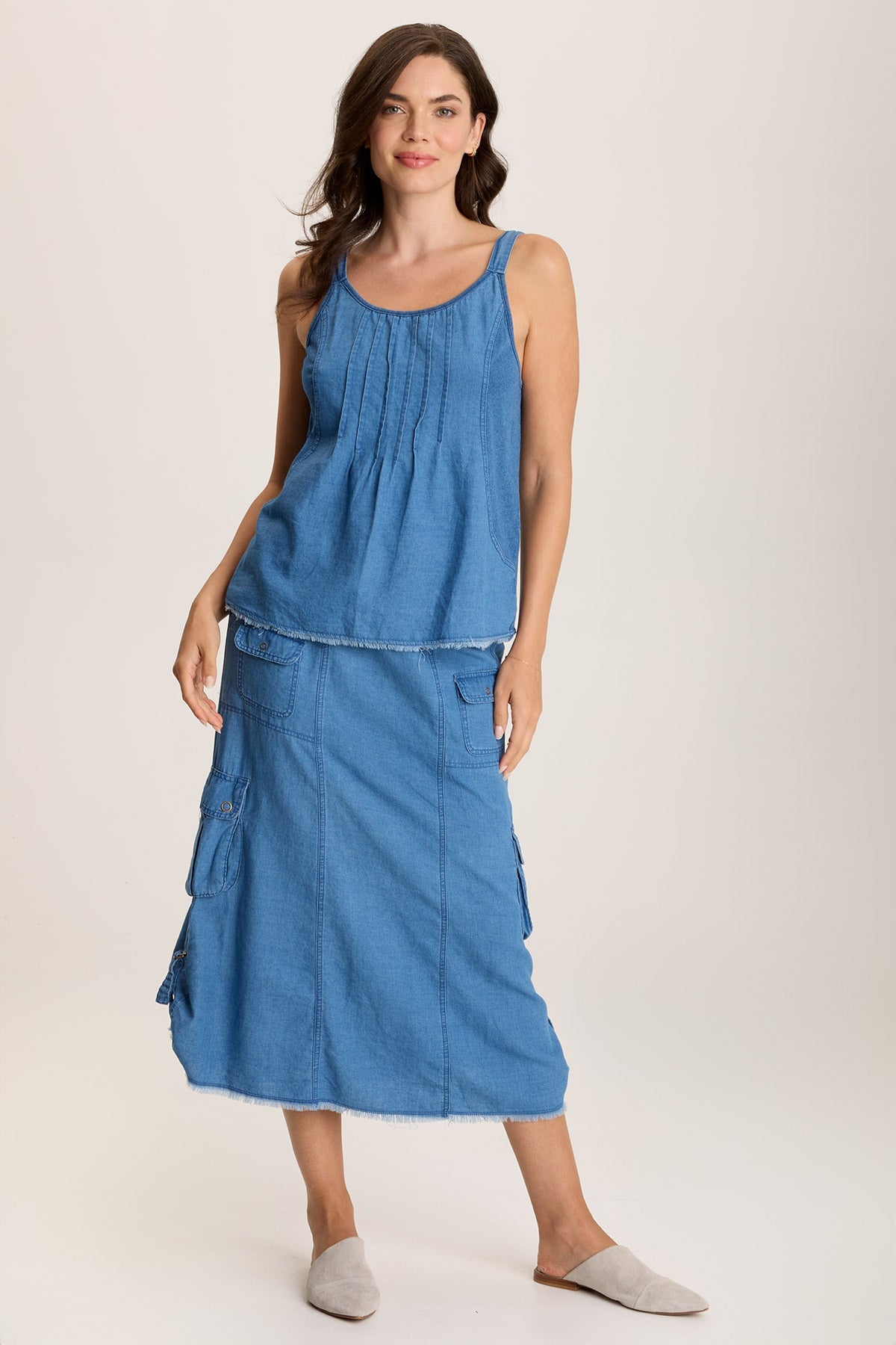 Norelle Flowy Pintuck Mock-Denim Twill Tank
