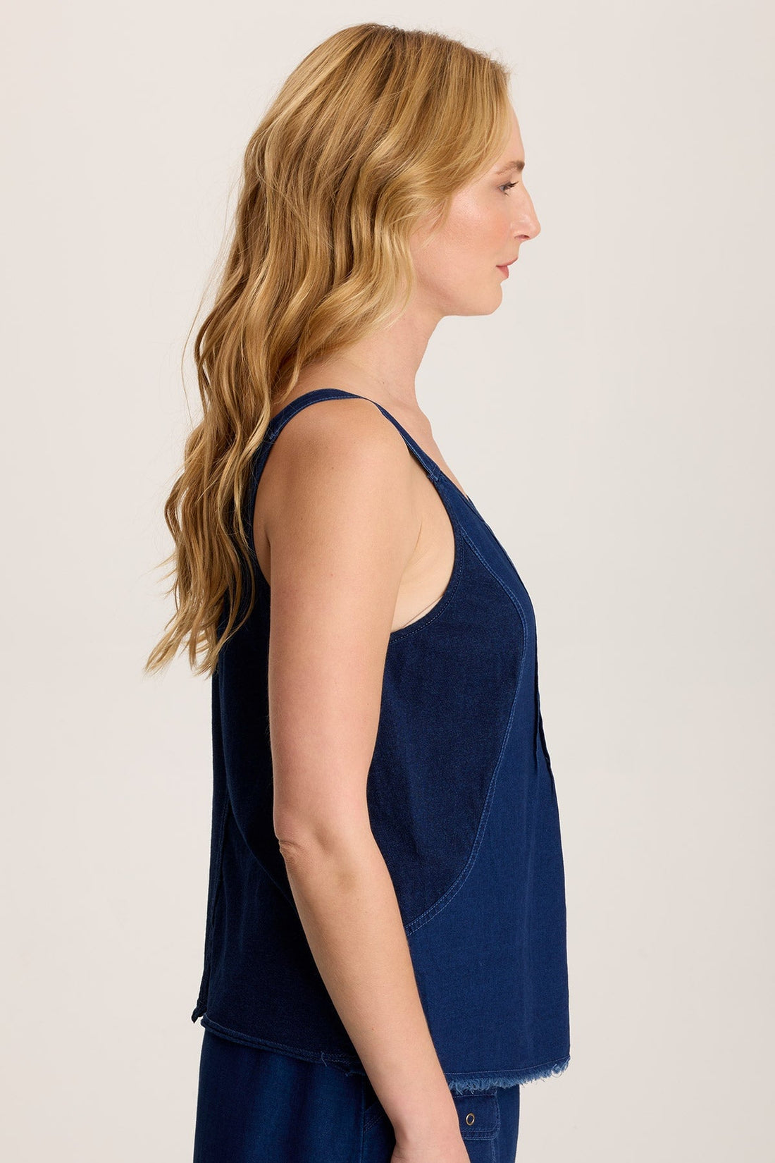 Norelle Flowy Pintuck Mock-Denim Twill Tank