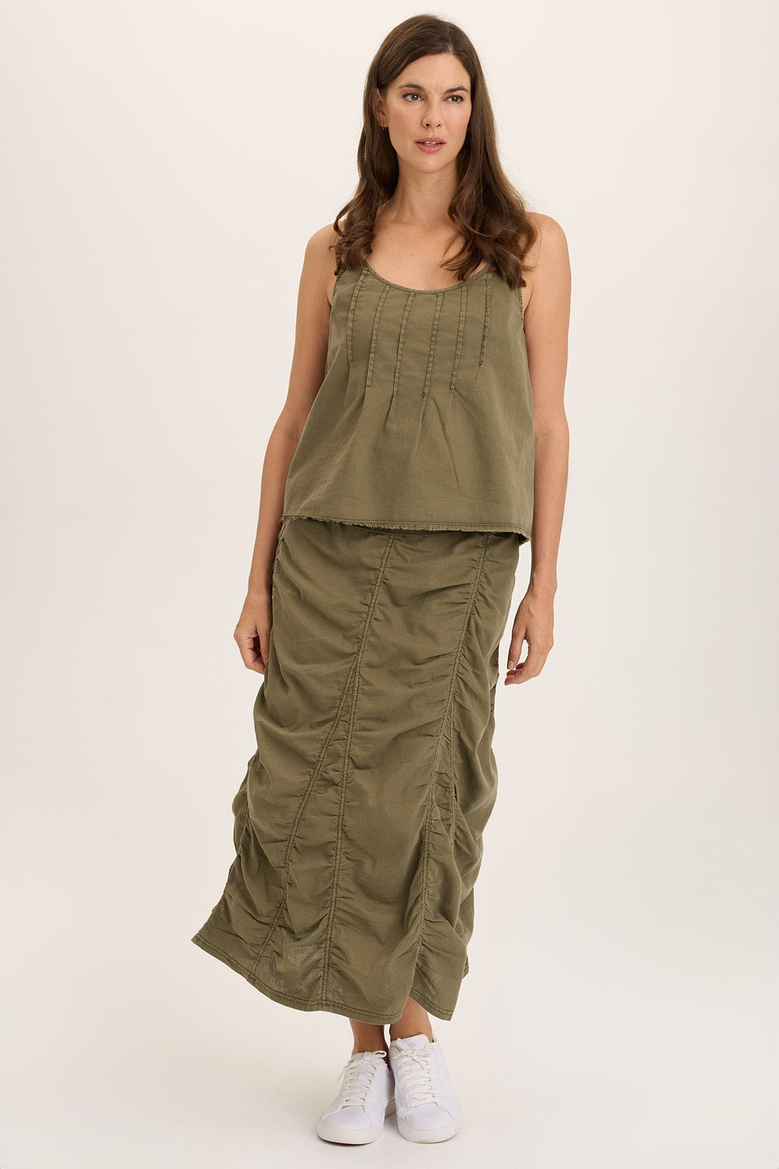 Linen Shirred Asymmetric Midi Skirt