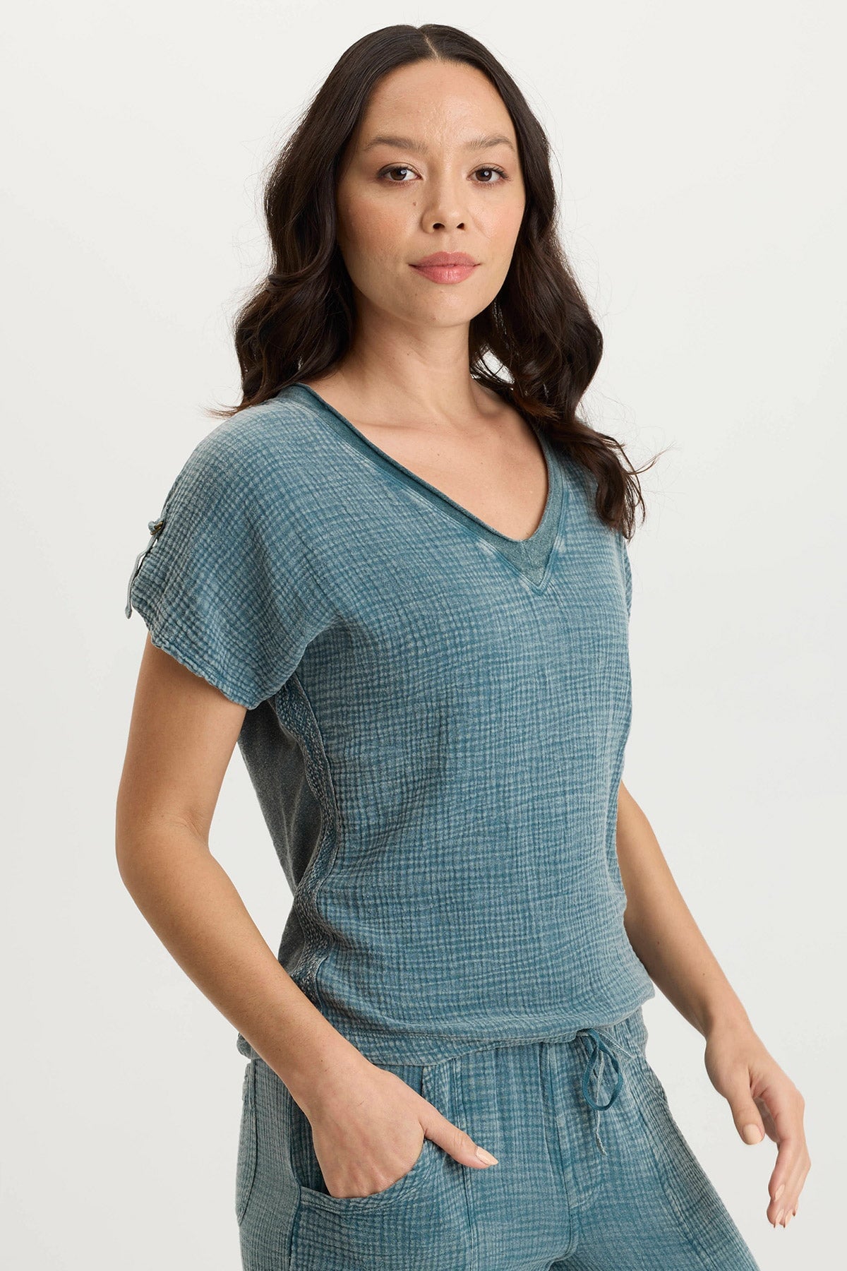 Bower Gauze/Jersey Tabbed-Sleeve Bubble-Hem V-Neck Tee