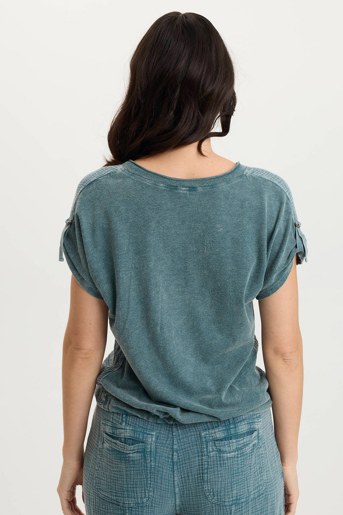 Bower Gauze/Jersey Tabbed-Sleeve Bubble-Hem V-Neck Tee