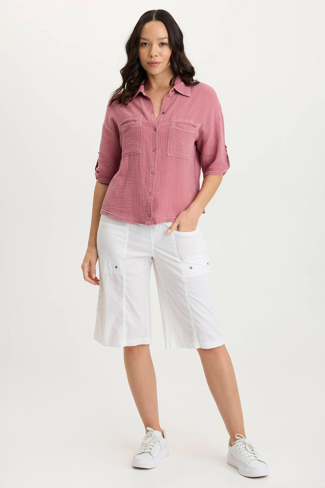 Maurise Gauze/Jersey Tabbed-Sleeve Snap-Up Top