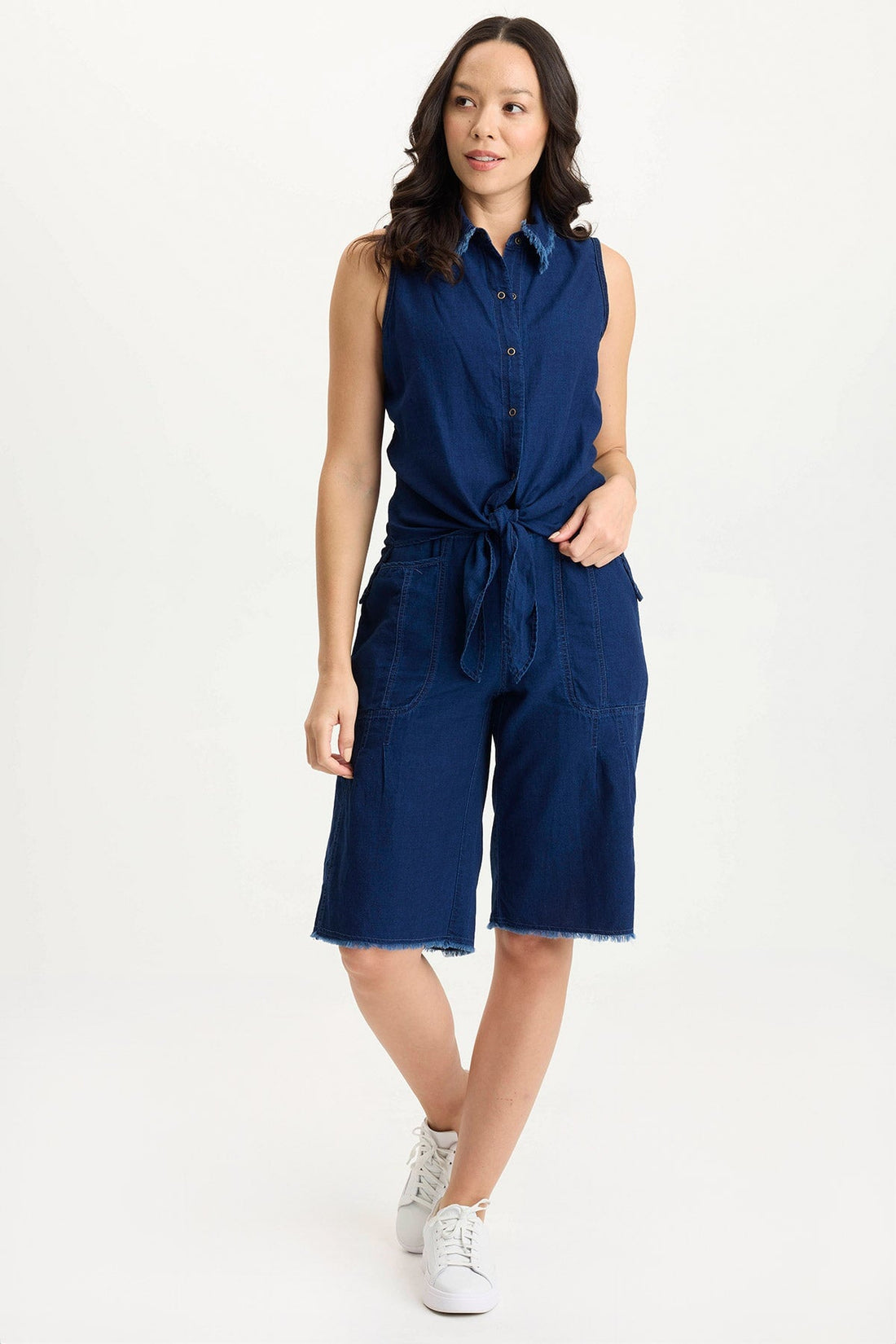 Tague Indigo Twill Knotted High-Low Snap-Up Tank