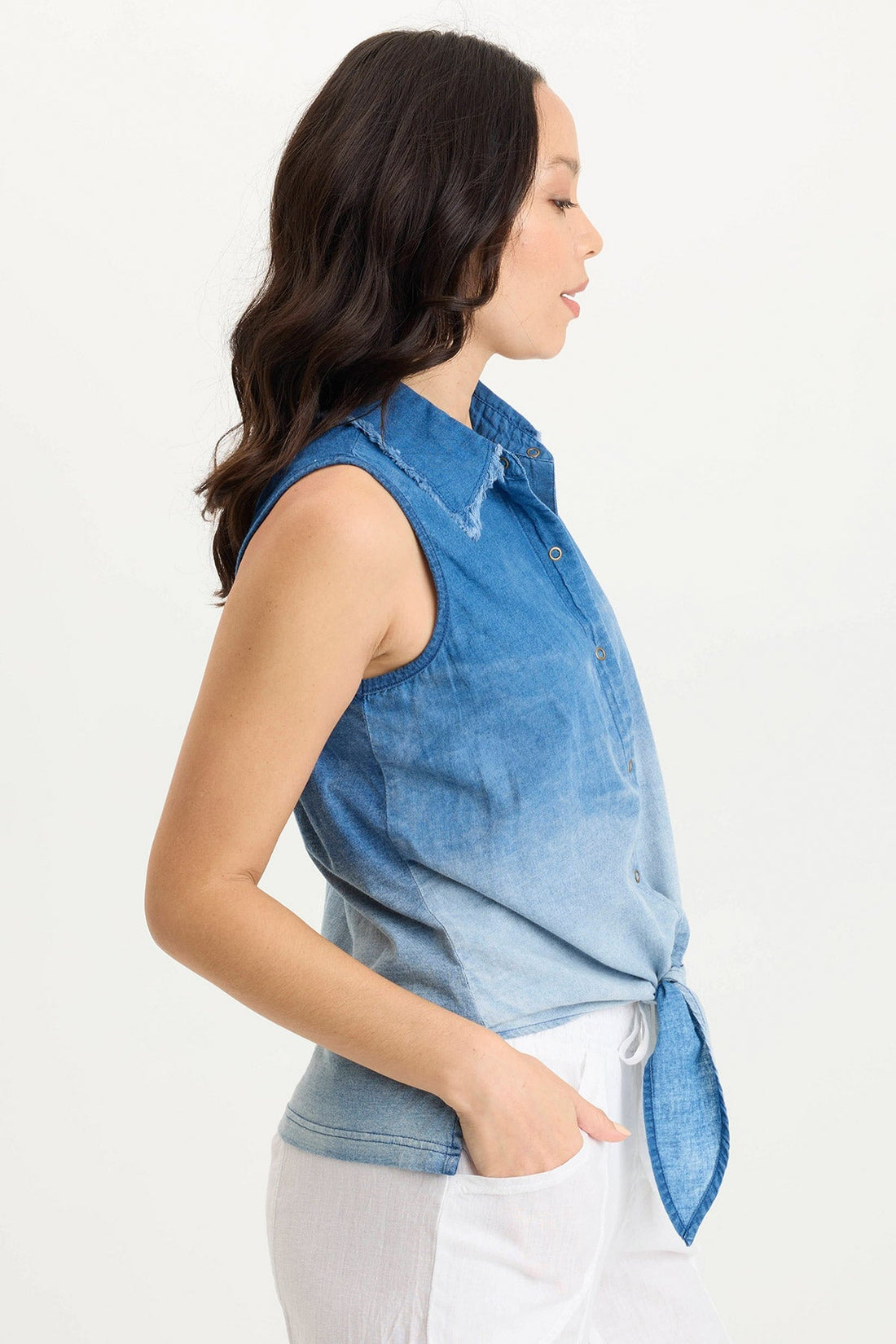 Tague Indigo Twill Knotted High-Low Snap-Up Tank