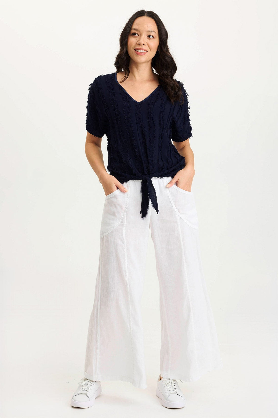 Pia Paper-Bag Waist Linen Wide Leg Pant