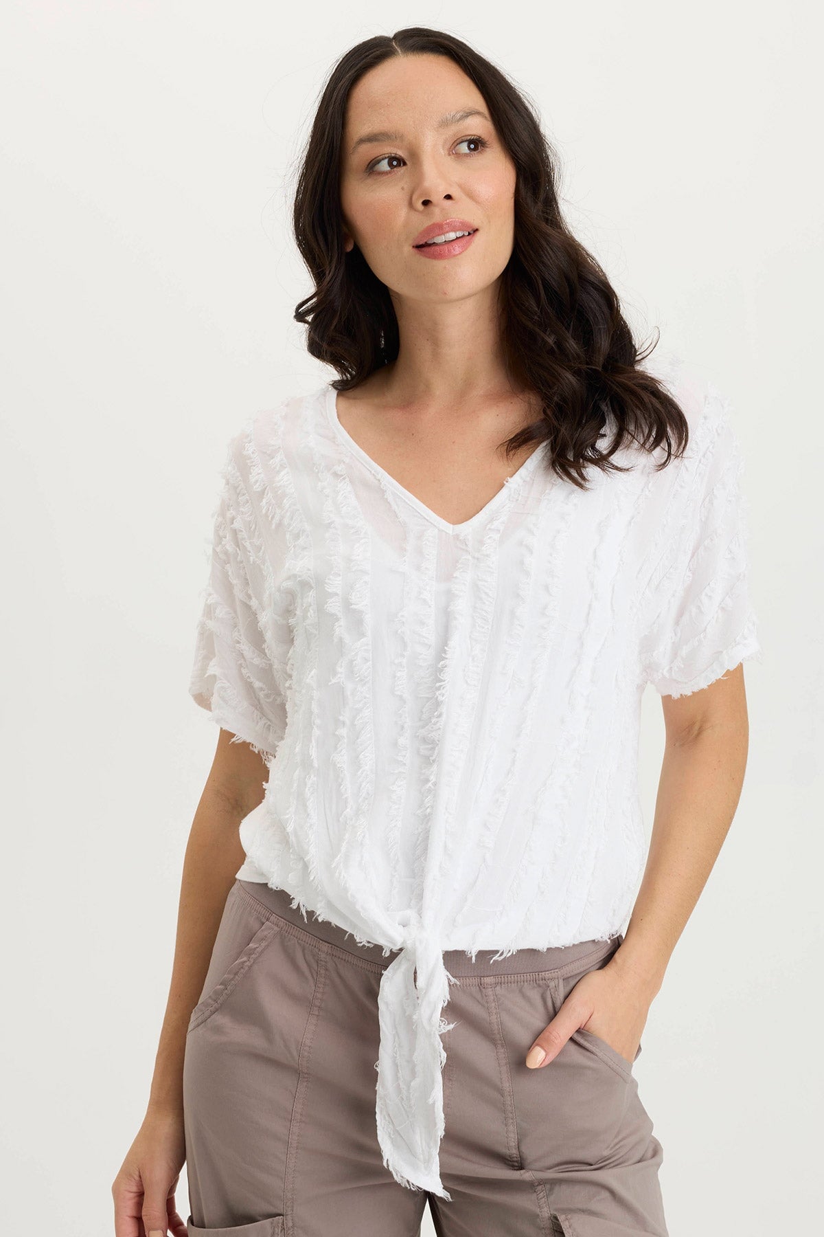 Curine Stripe Voile/Jersey Knotted V-Neck Top