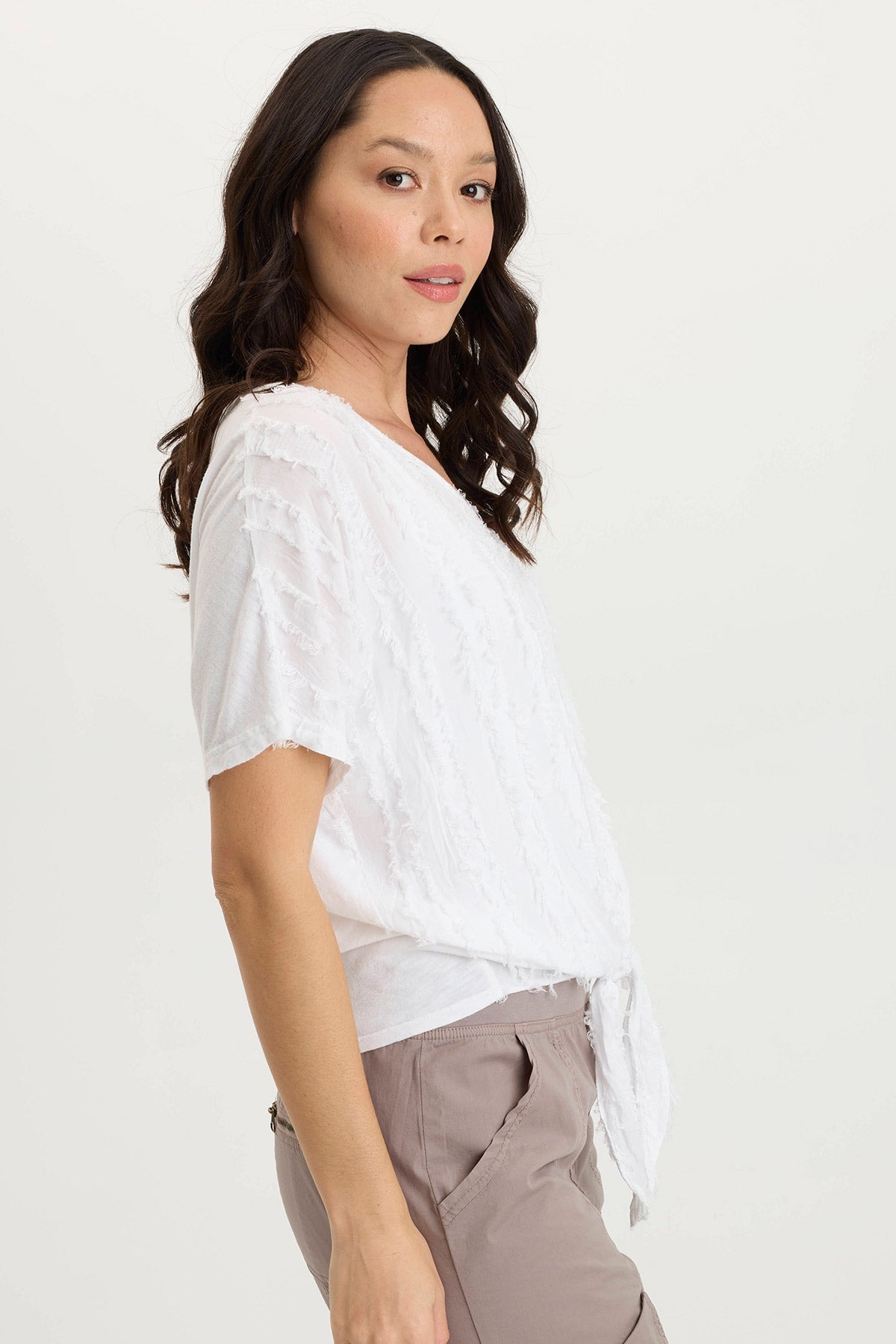 Curine Stripe Voile/Jersey Knotted V-Neck Top