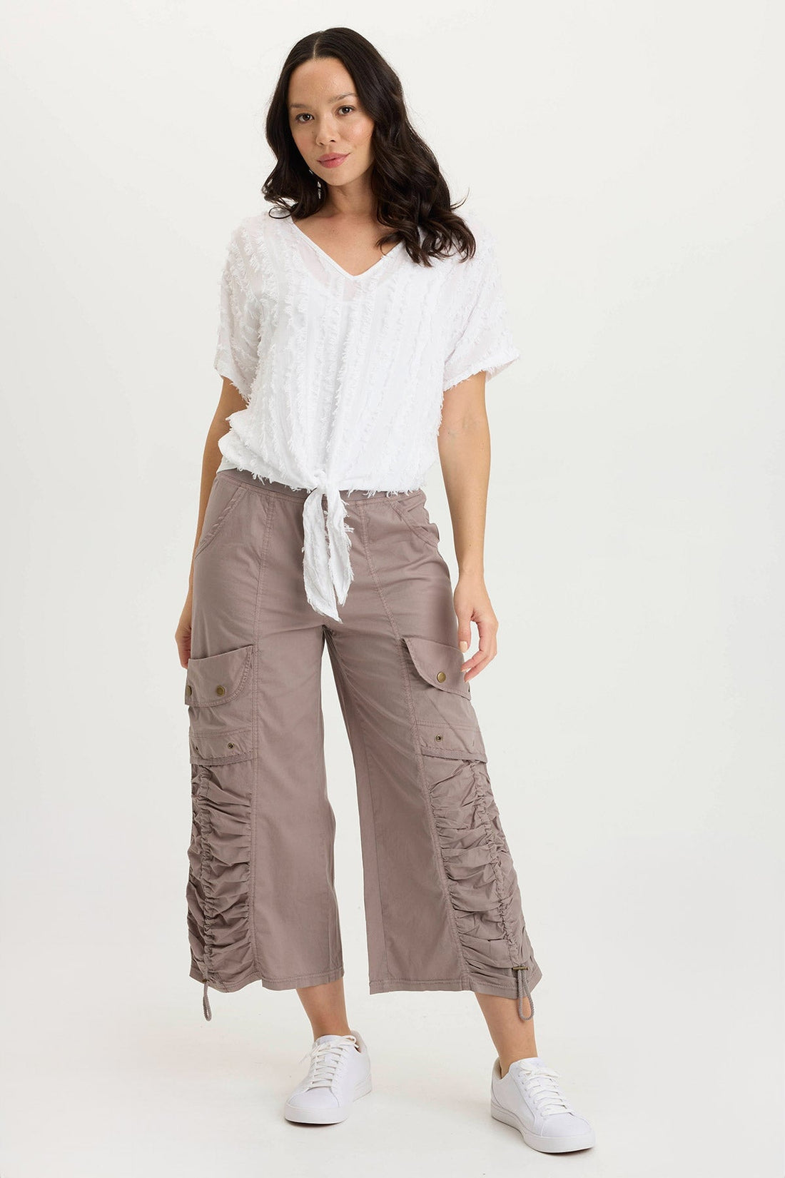 Curine Stripe Voile/Jersey Knotted V-Neck Top
