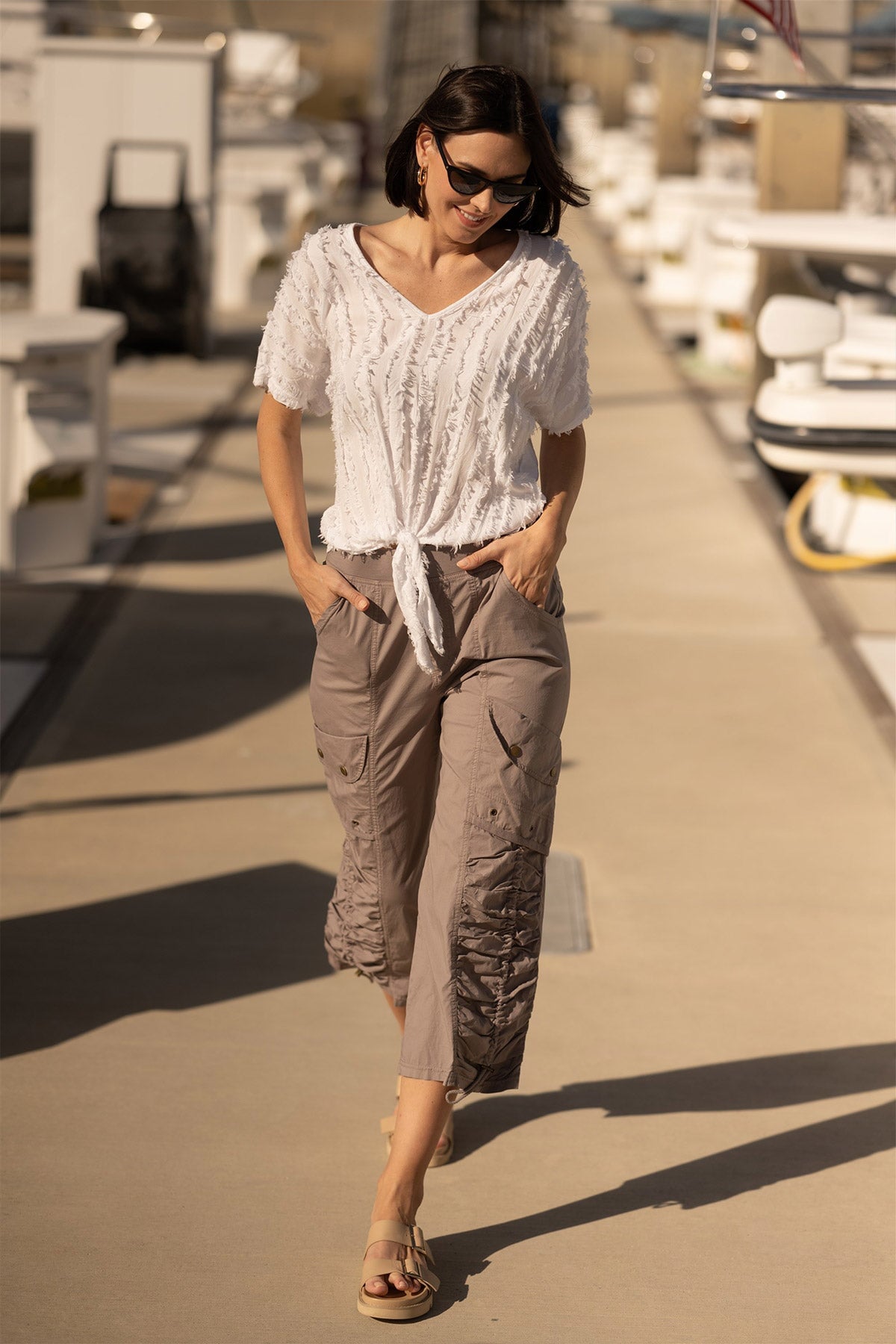 Curine Stripe Voile/Jersey Knotted V-Neck Top