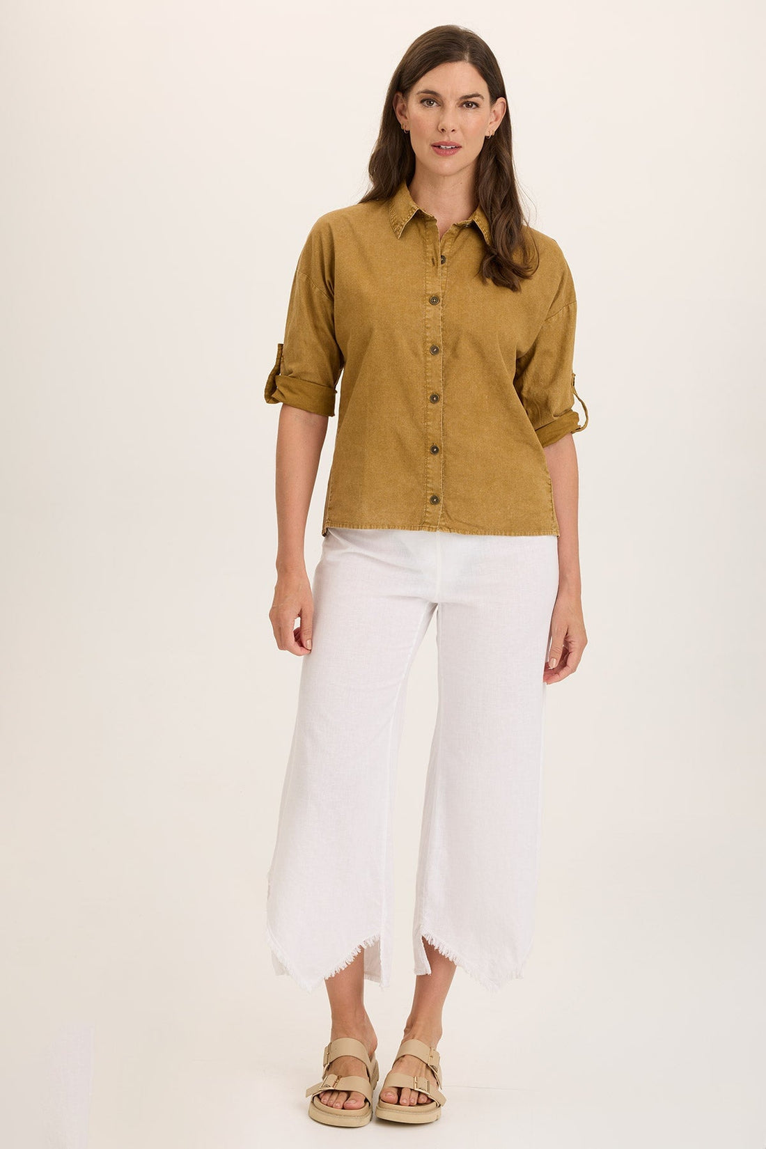 Carrie Linen 3/4-Sleeve Button-Up