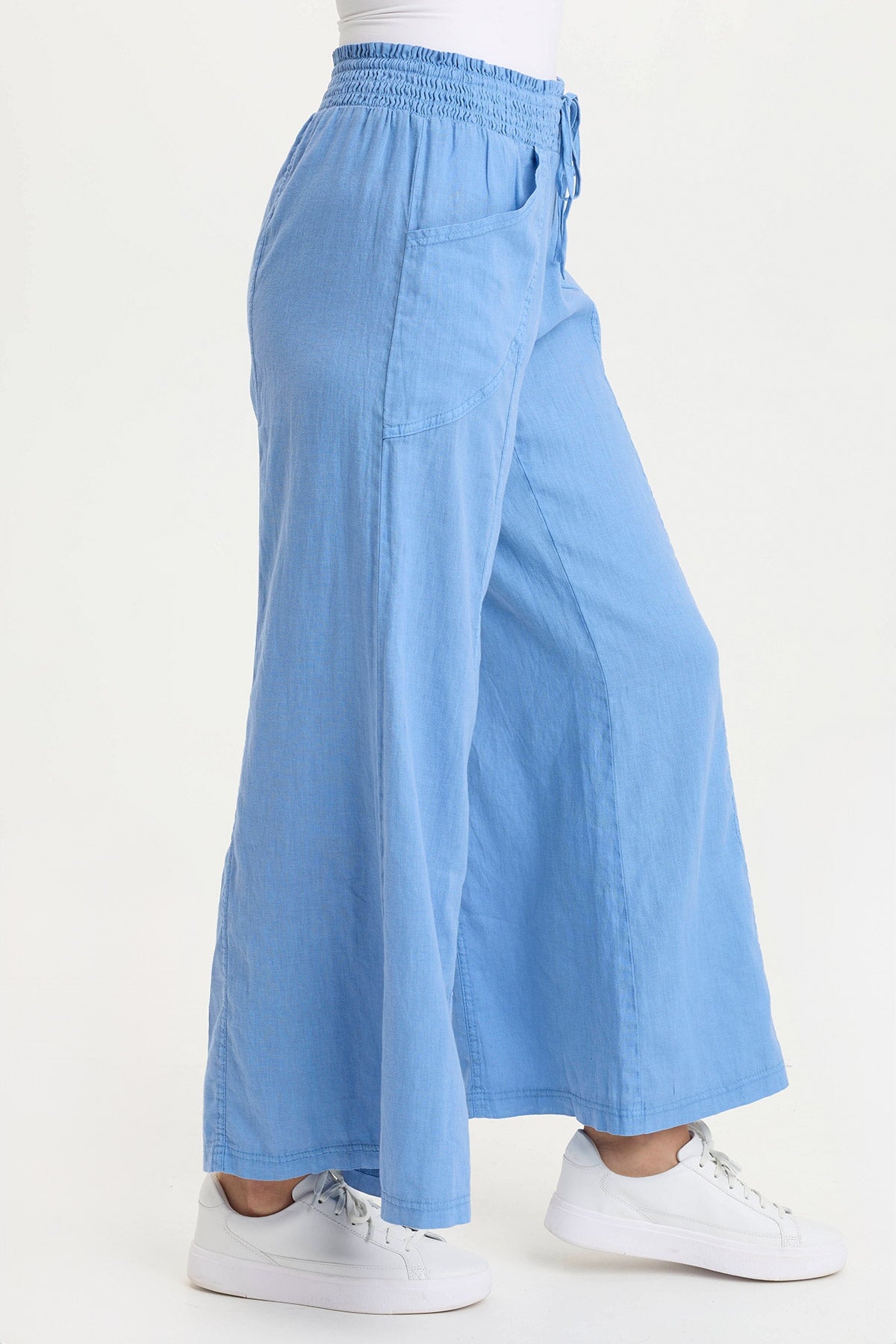 Pia Paper-Bag Waist Linen Wide Leg Pant