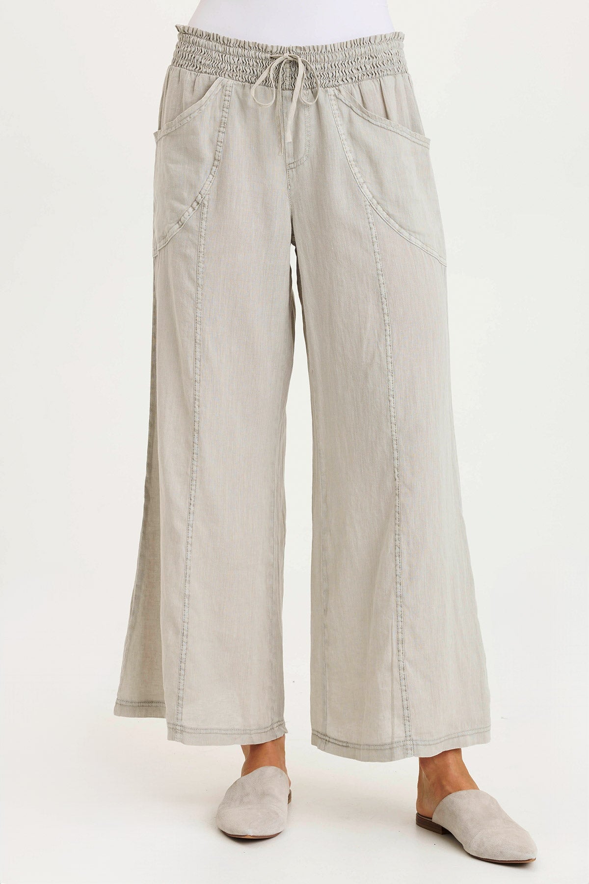 Pia Paper-Bag Waist Linen Wide Leg Pant