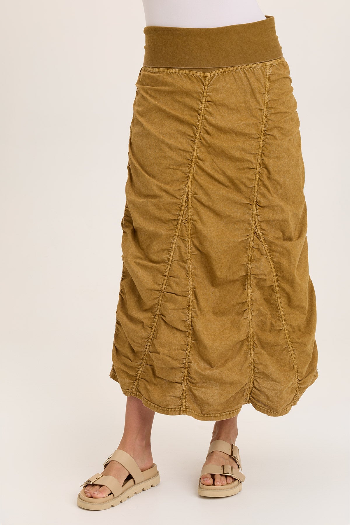 Linen Shirred Asymmetric Midi Skirt